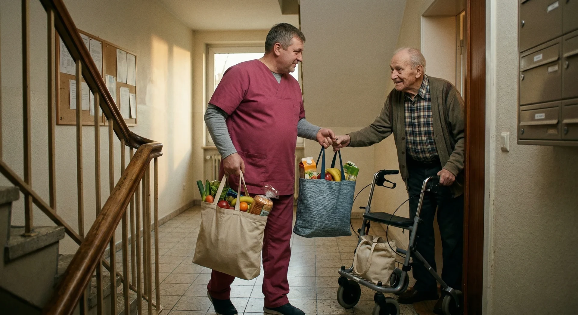 Ein Pflegemitarbeiter bringt Einkäufe zu seinem Patienten