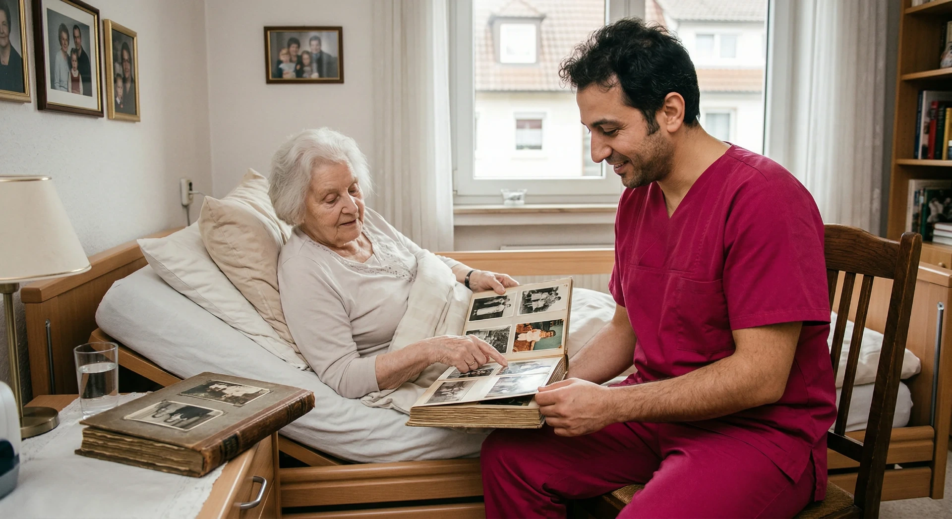Pflegedienst schaut gemeinsam mit einer Patientin Fotos an