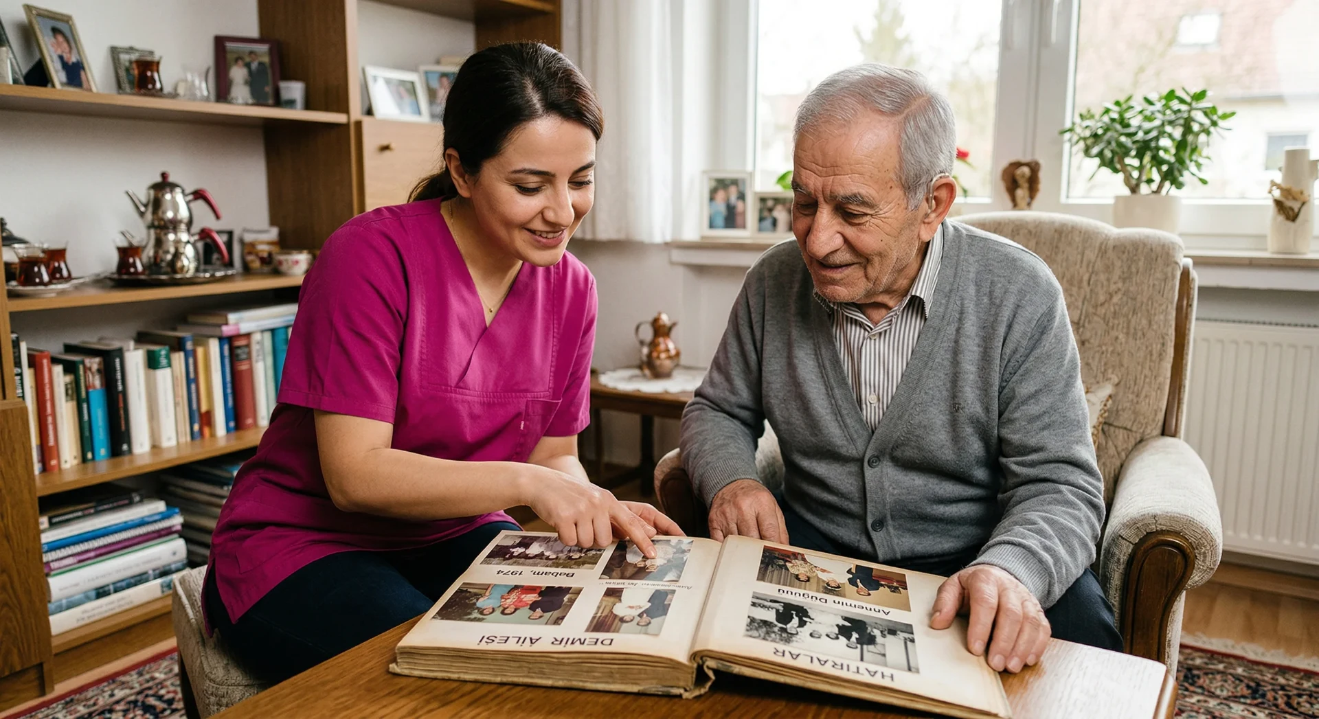 Kultursensible Biographiearbeit Pflegemitarbeiterin schaut sich gemeinsam mit ihrem Patienten die Fotos an