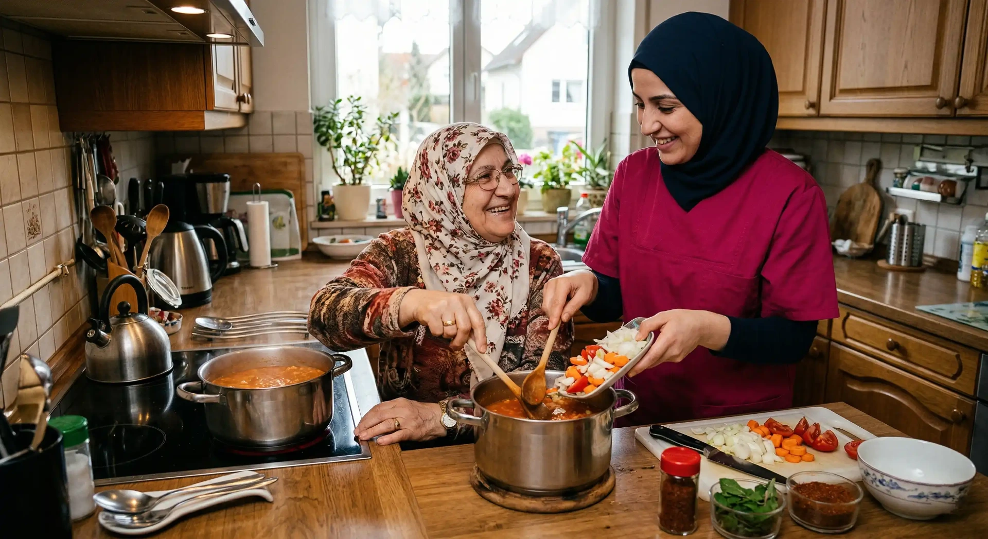 Kultersensible Hauswirtschaftliche Versorgung Pflegemitarbeiterin kocht gemeinsam mit Ihrer Patientin