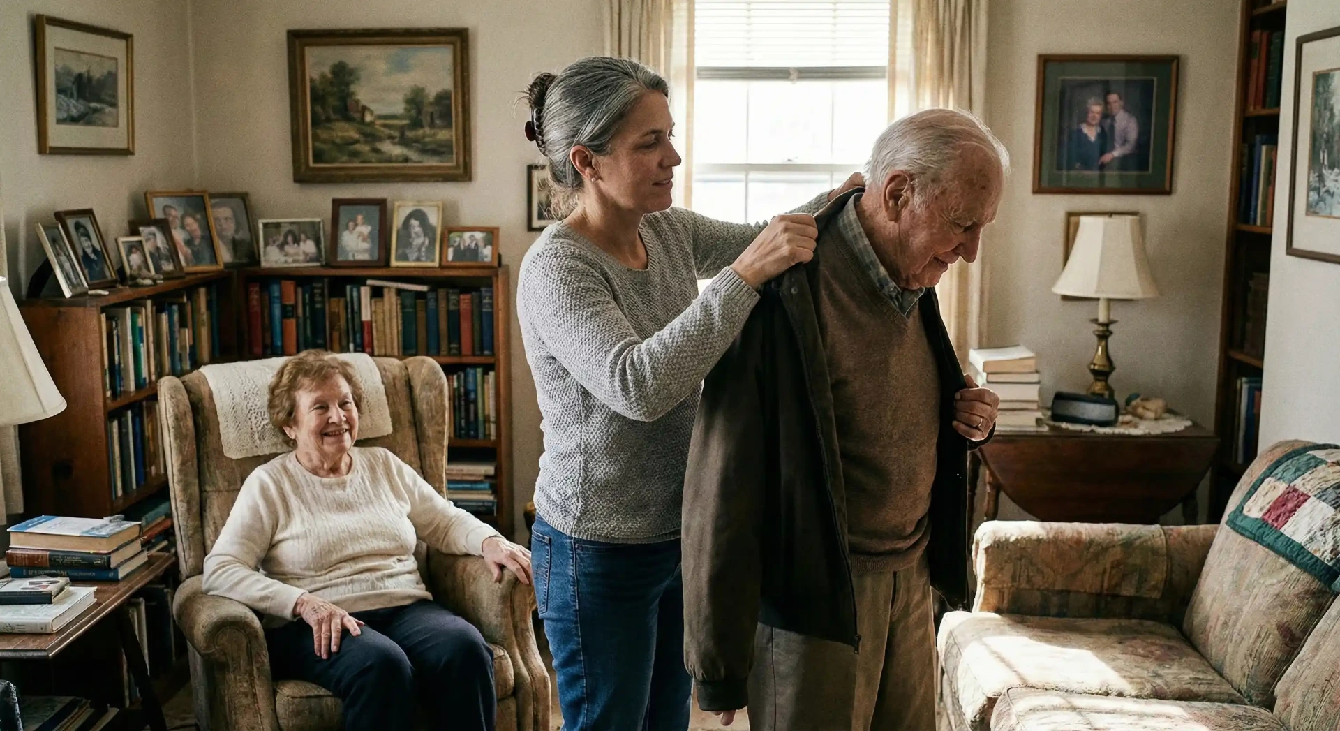 Eine Tochter hilft Ihrem Vater beim Anziehen