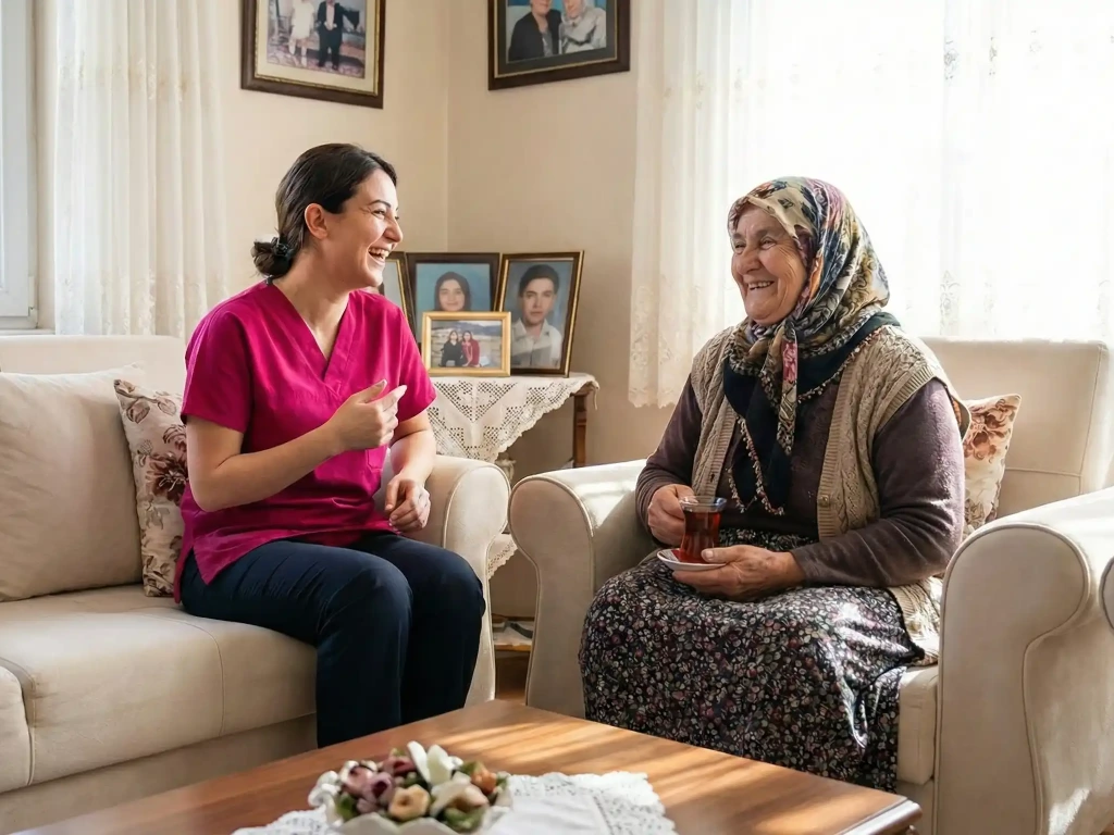 Pflegemitarbeiterin lacht gemeinsam mit Ihrer Patientin