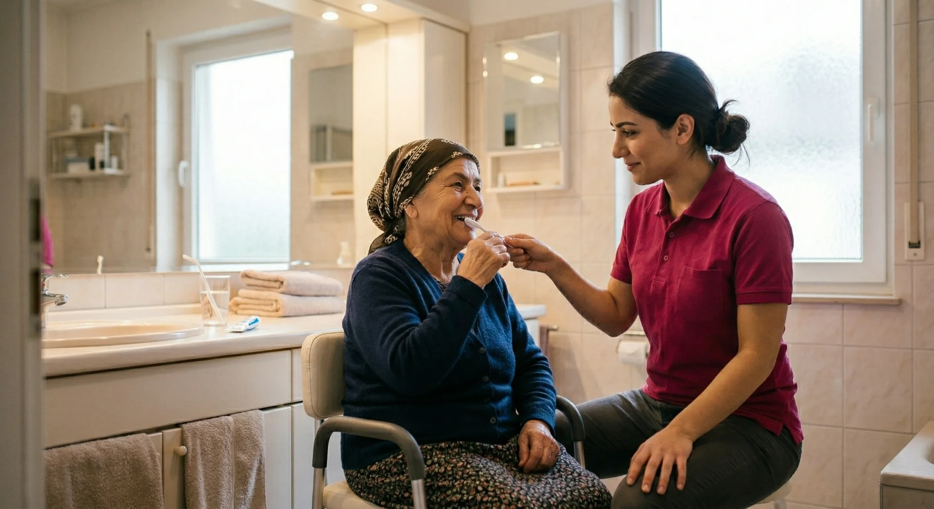 Pflegerin hilft beim Zähneputzen