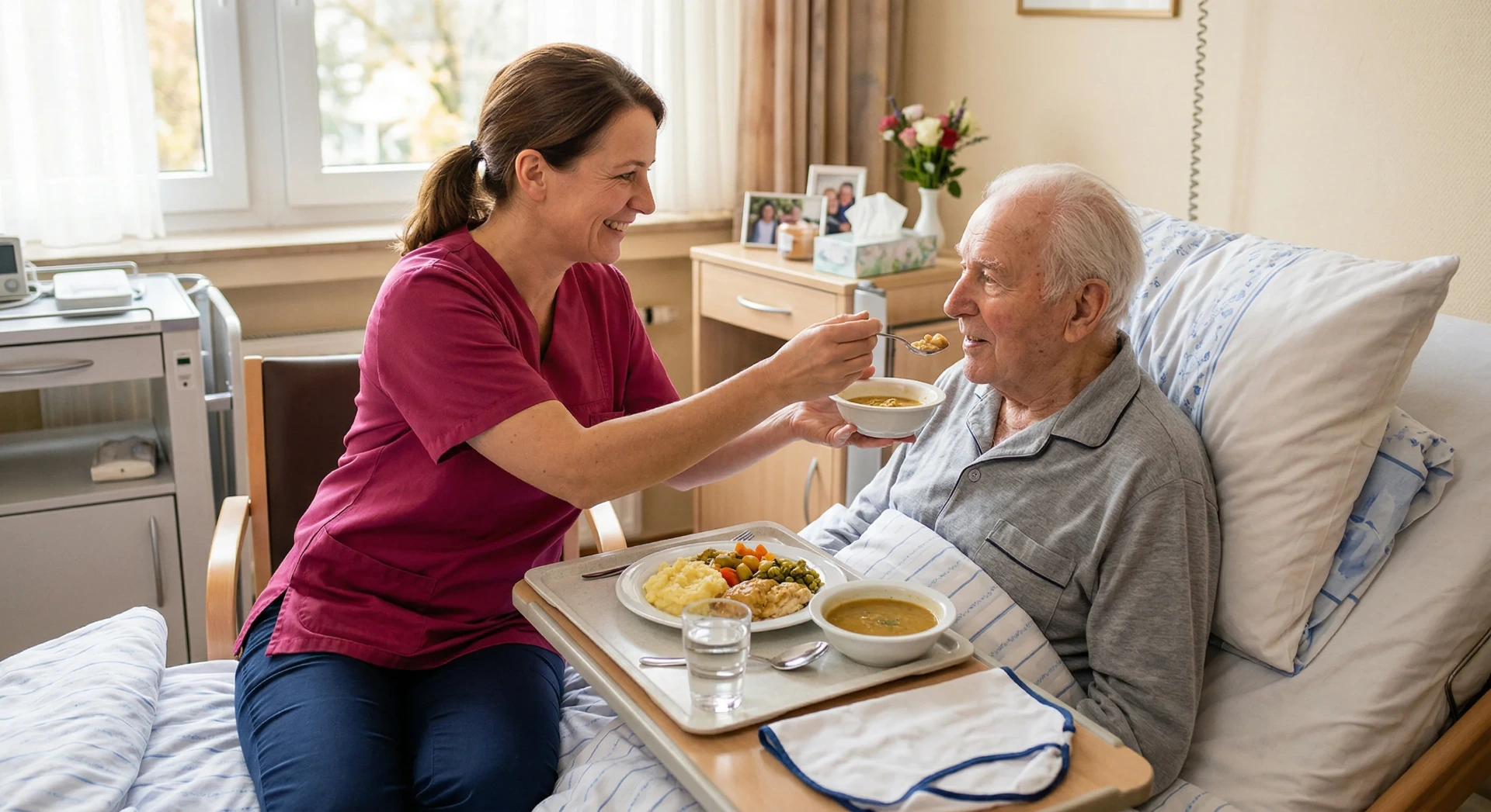 Eine Pflegemitarbeiterin hilft bei der Nahrungseinnahme