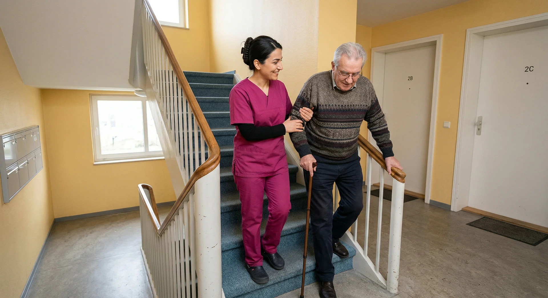 Eine Pflegemitarbeiterin hilft beim Treppensteigen