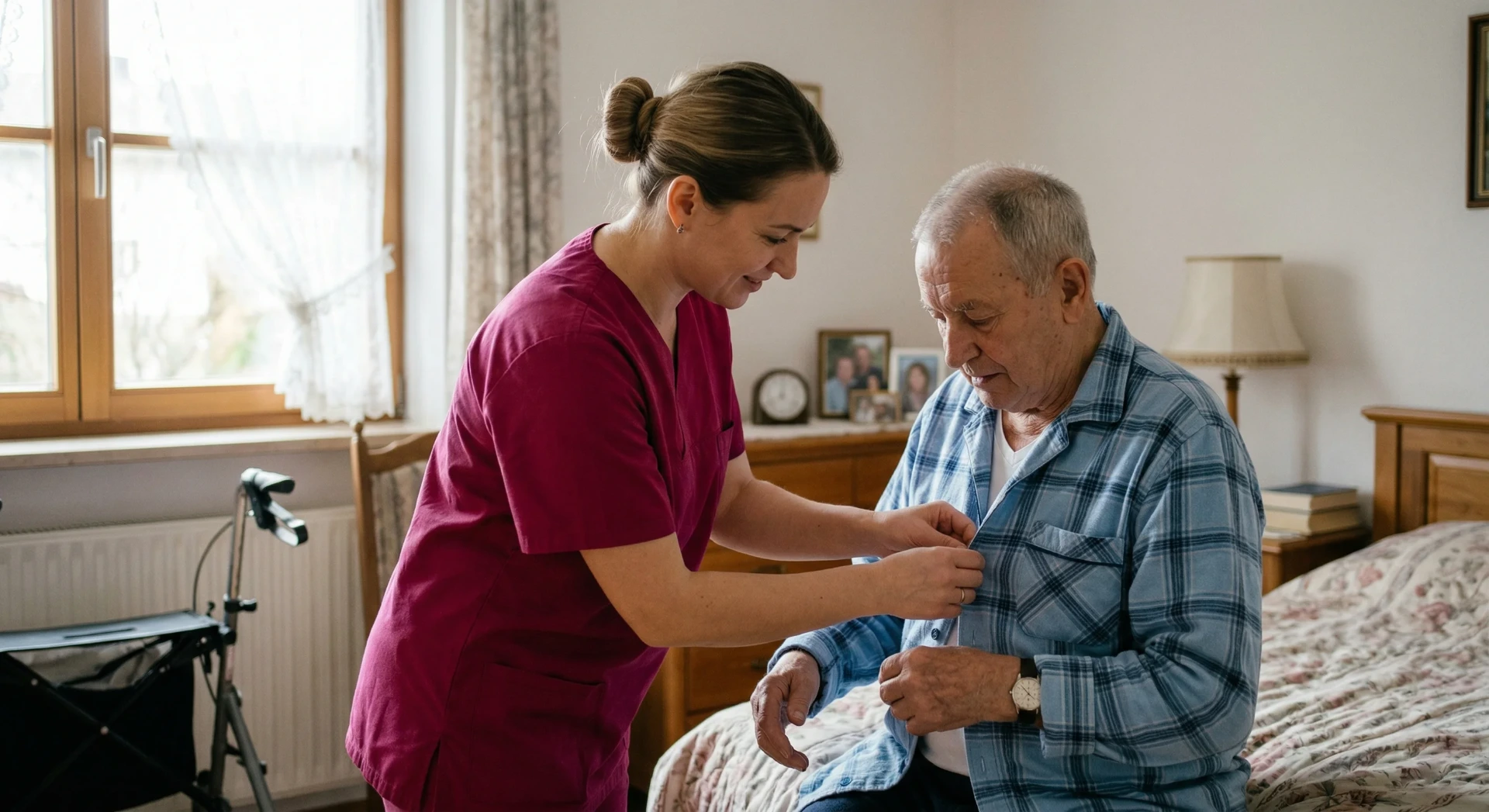 Eine Pflegemitarbeiterin hilft beim Ankleiden