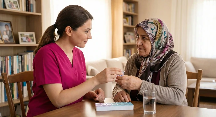 Medikamentengabe an eine ältere Dame durch die Mitarbeiterin eines Pflegedienstes