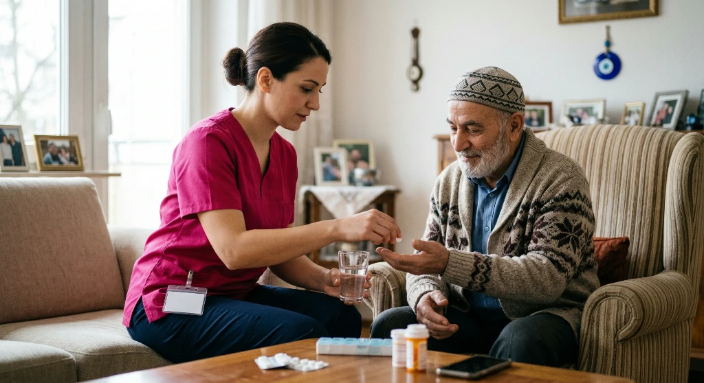 Medikamentengabe durch eine Mitarbeiterin eines Pflegedienstes