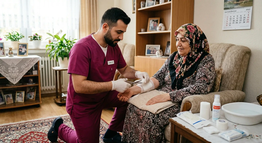 Verbandswechsel durch einen Mitarbeiter eines Pflegedienstes