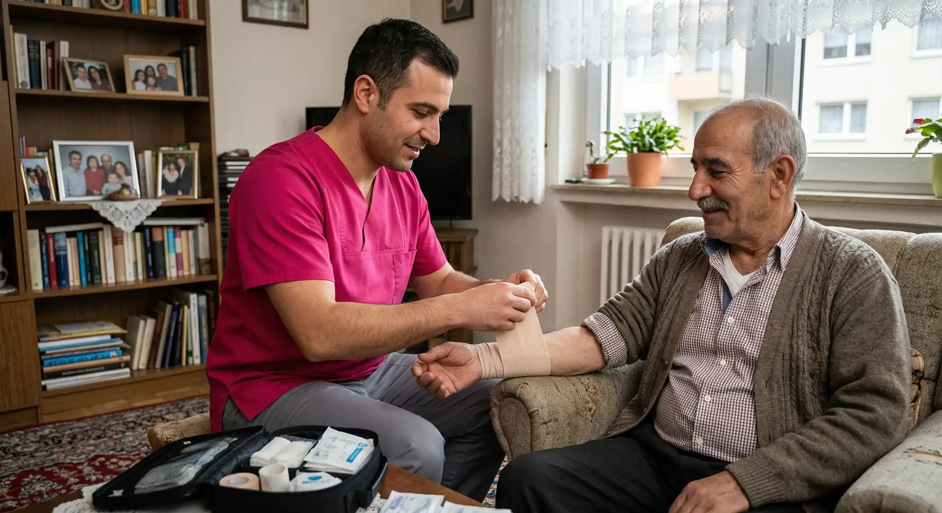 Verbandswechsel durch einen Mitarbeiter eines Pflegedienstes