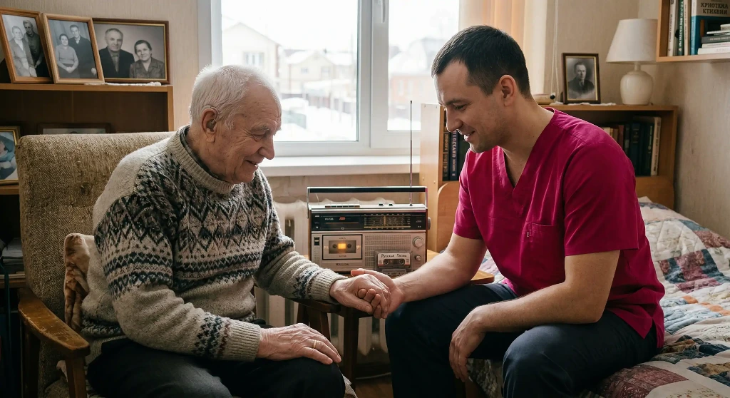 Ein Mitarbeiter des Pflegedienstes hört Musik mit seinem Patienten