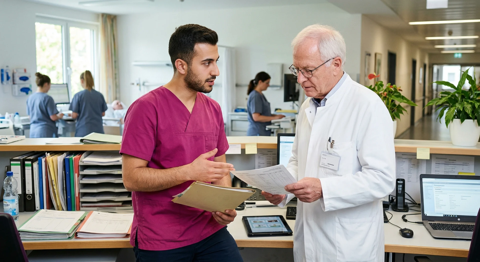 Pflegedienst spricht mit dem Arzt