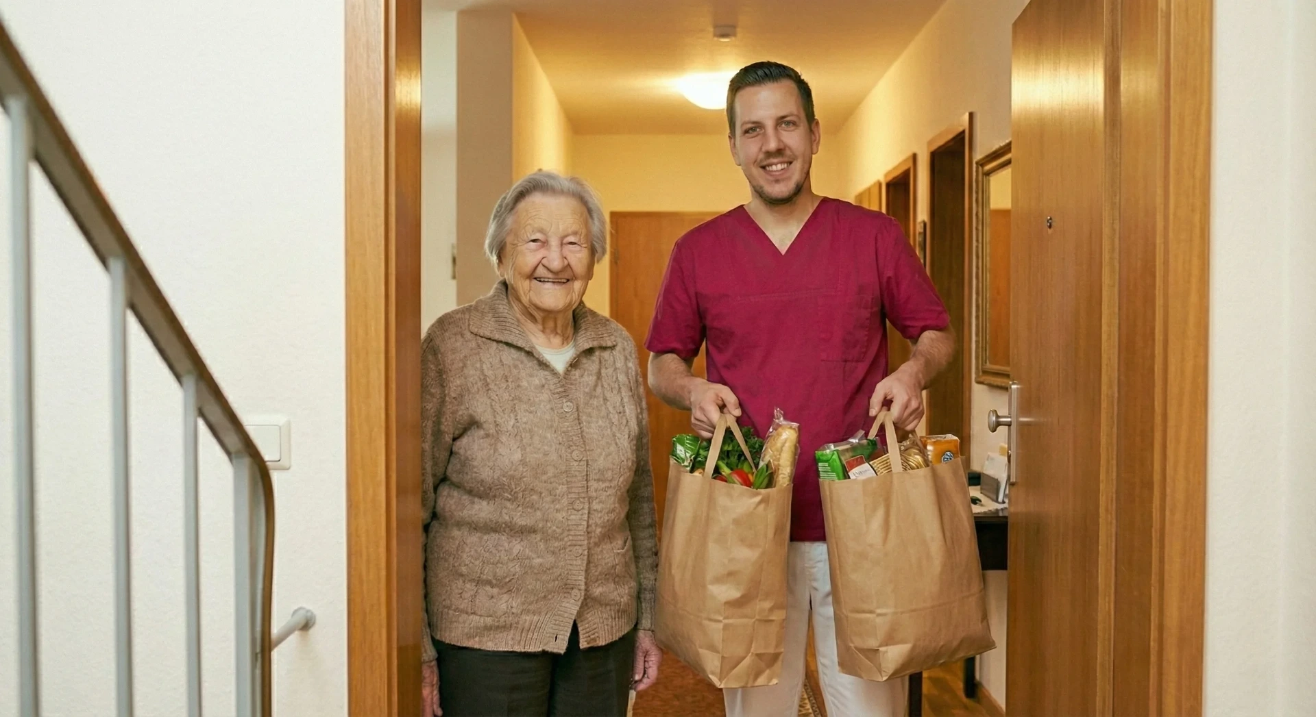 Ein Pflegedienstmitarbeiter bringt Einkäufe zu seiner Patientin