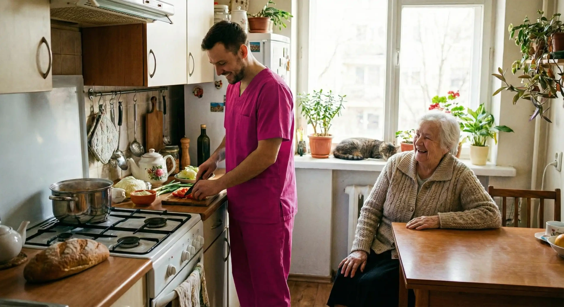 Ein Pflegedienstmitarbeiter bereitet eine Mahlzeit für seine Patientin vor