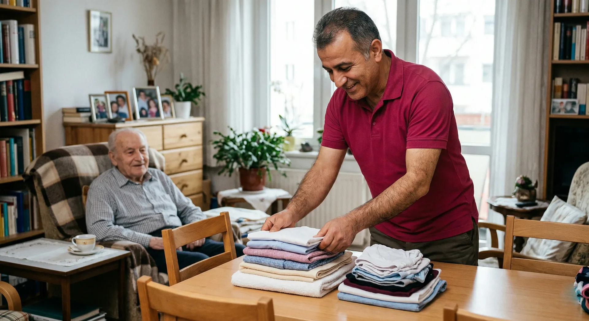 Pflegedienst hilft beim Falten der Wäsche